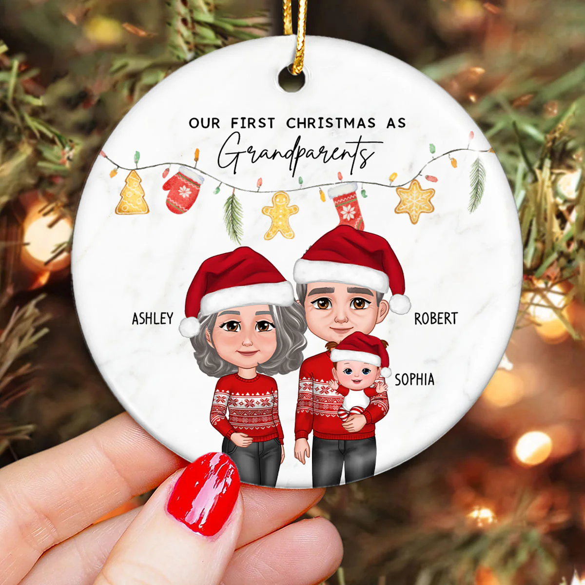 Our First Christmas As Grandparents Cute Things Personalized Circle Ceramic Ornament - Image 3