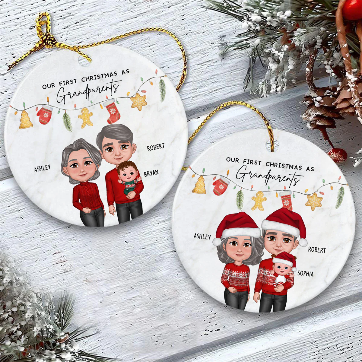 Our First Christmas As Grandparents Cute Things Personalized Circle Ceramic Ornament - Image 4