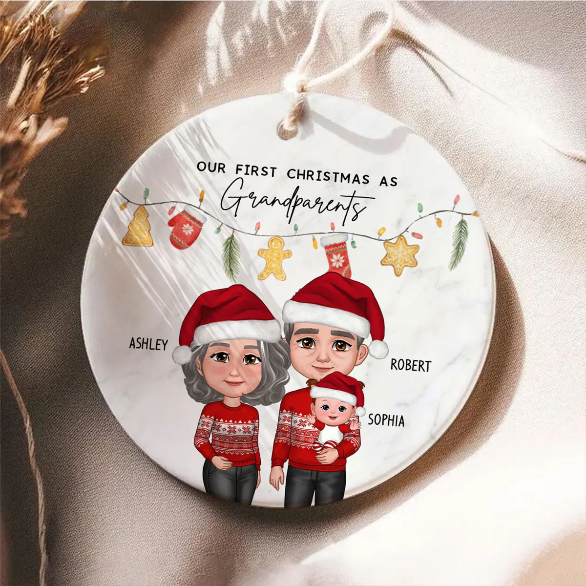 Our First Christmas As Grandparents Cute Things Personalized Circle Ceramic Ornament - Image 5