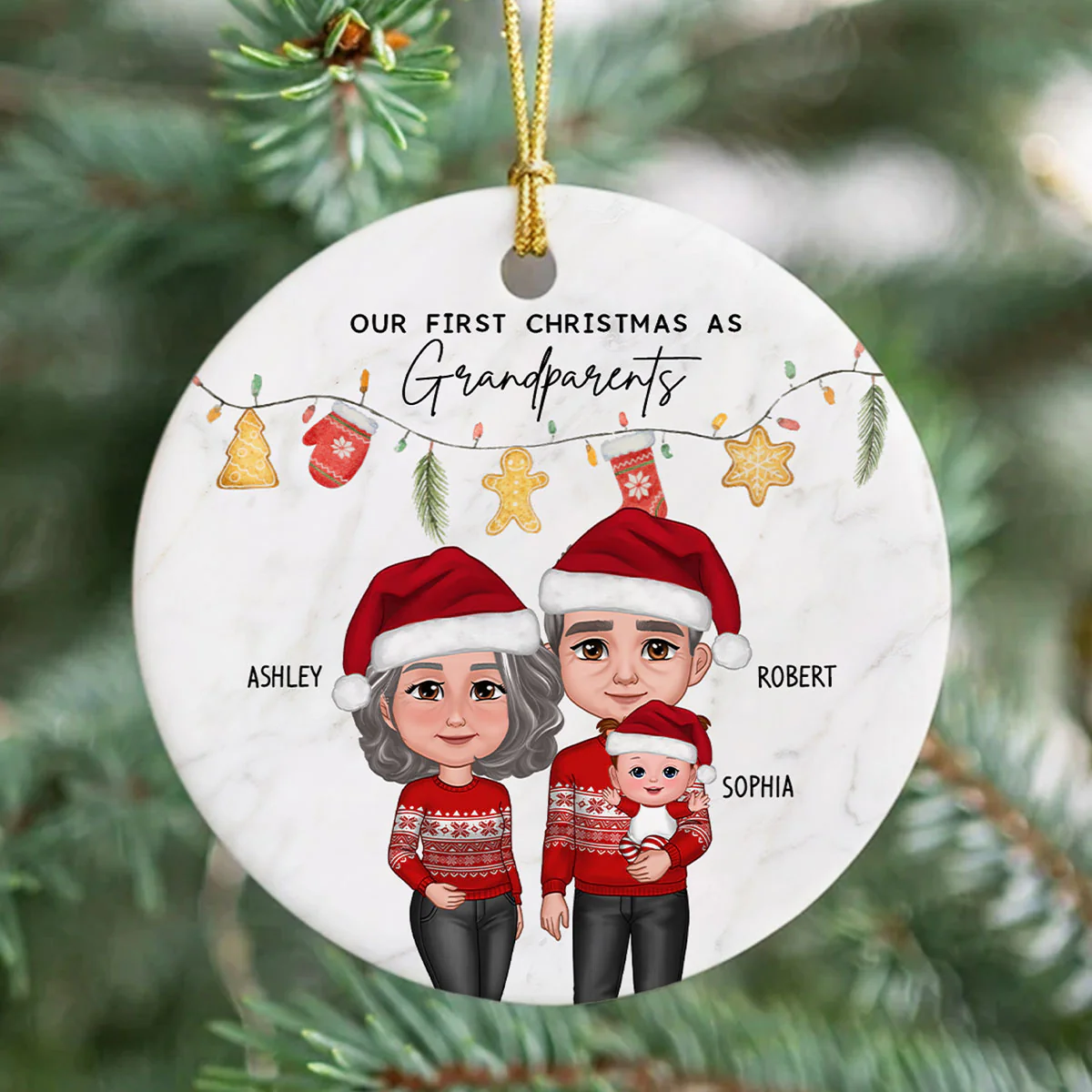 Our First Christmas As Grandparents Cute Things Personalized Circle Ceramic Ornament - Image 6