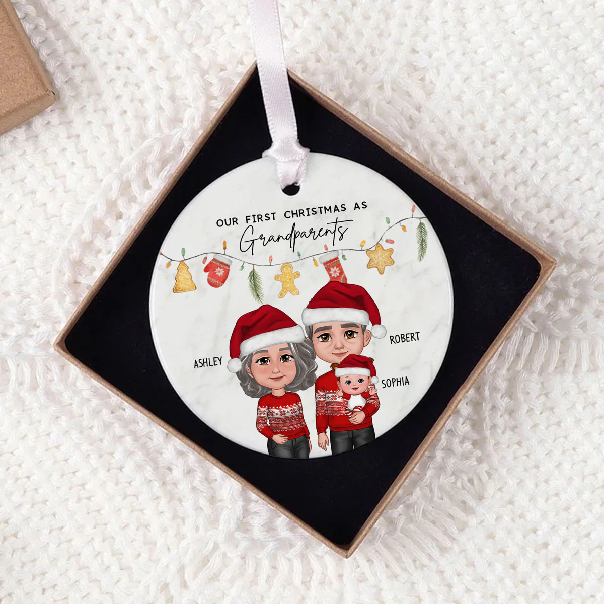 Our First Christmas As Grandparents Cute Things Personalized Circle Ceramic Ornament - Image 8