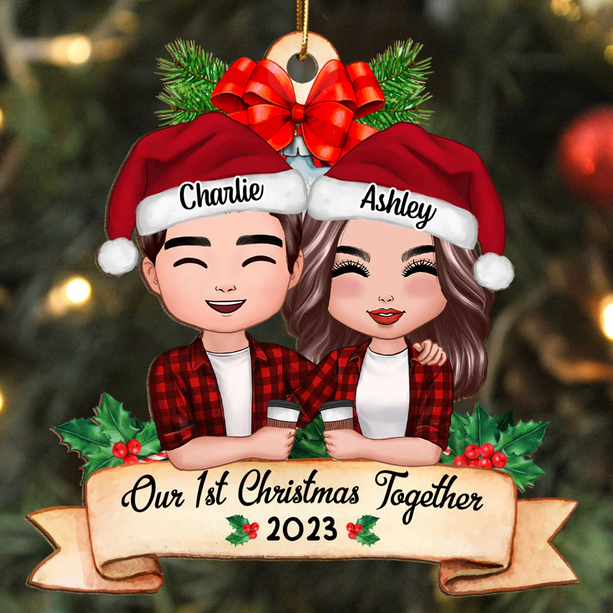 Our First Christmas Couple Holding Drink Personalized Wooden Ornament