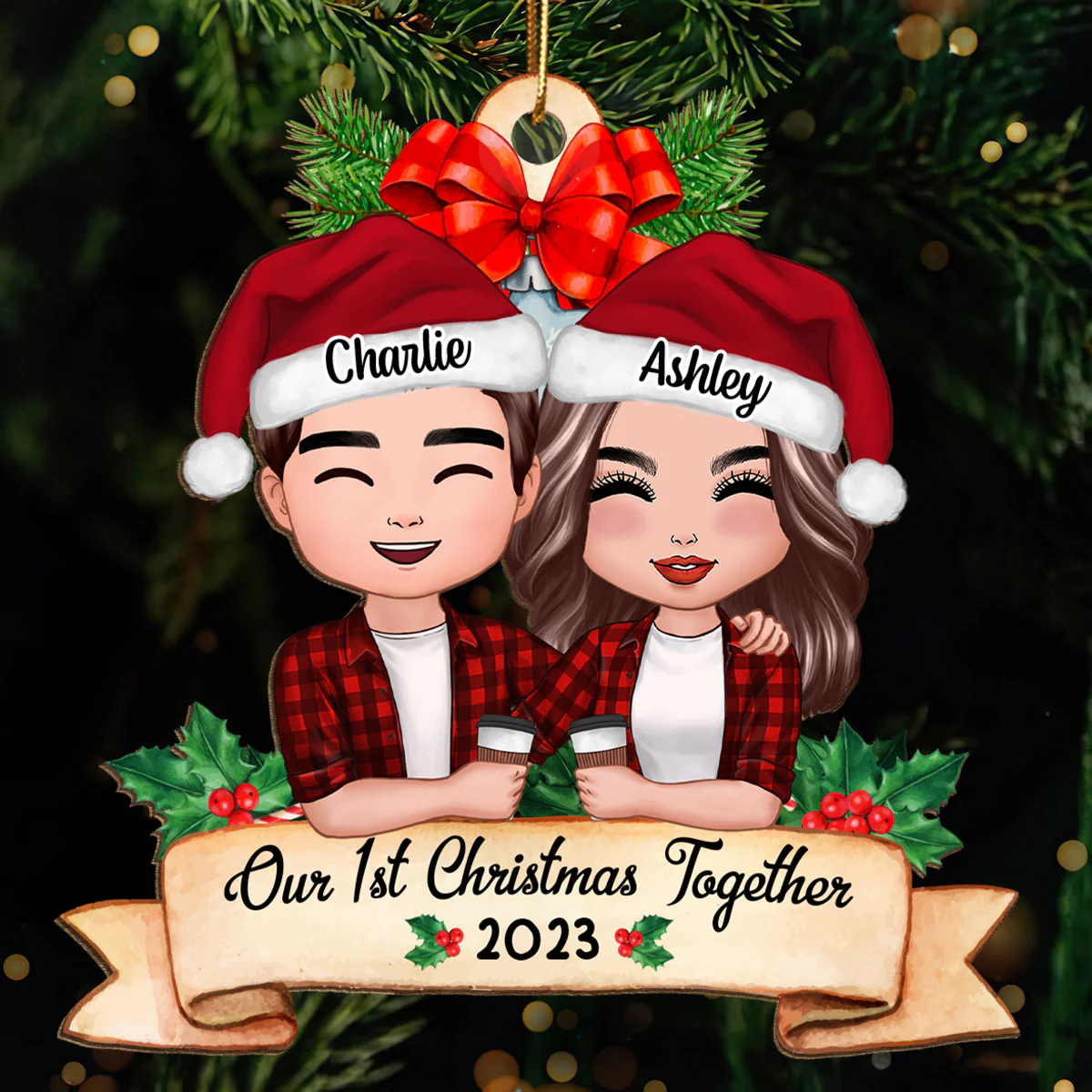 Our First Christmas Couple Holding Drink Personalized Wooden Ornament - Image 2
