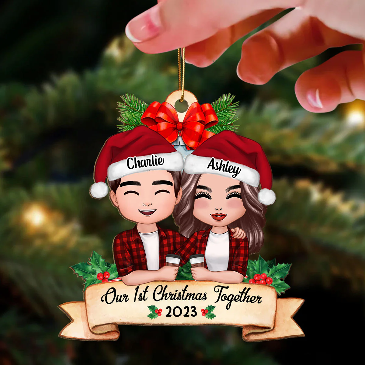 Our First Christmas Couple Holding Drink Personalized Wooden Ornament - Image 3