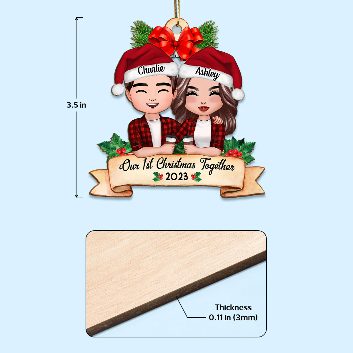 Our First Christmas Couple Holding Drink Personalized Wooden Ornament - Image 4