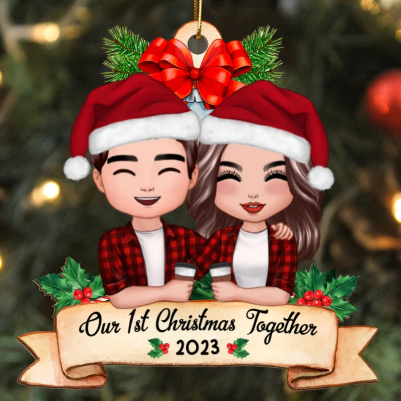 Our First Christmas Couple Holding Drink Personalized Wooden Ornament - Image 5