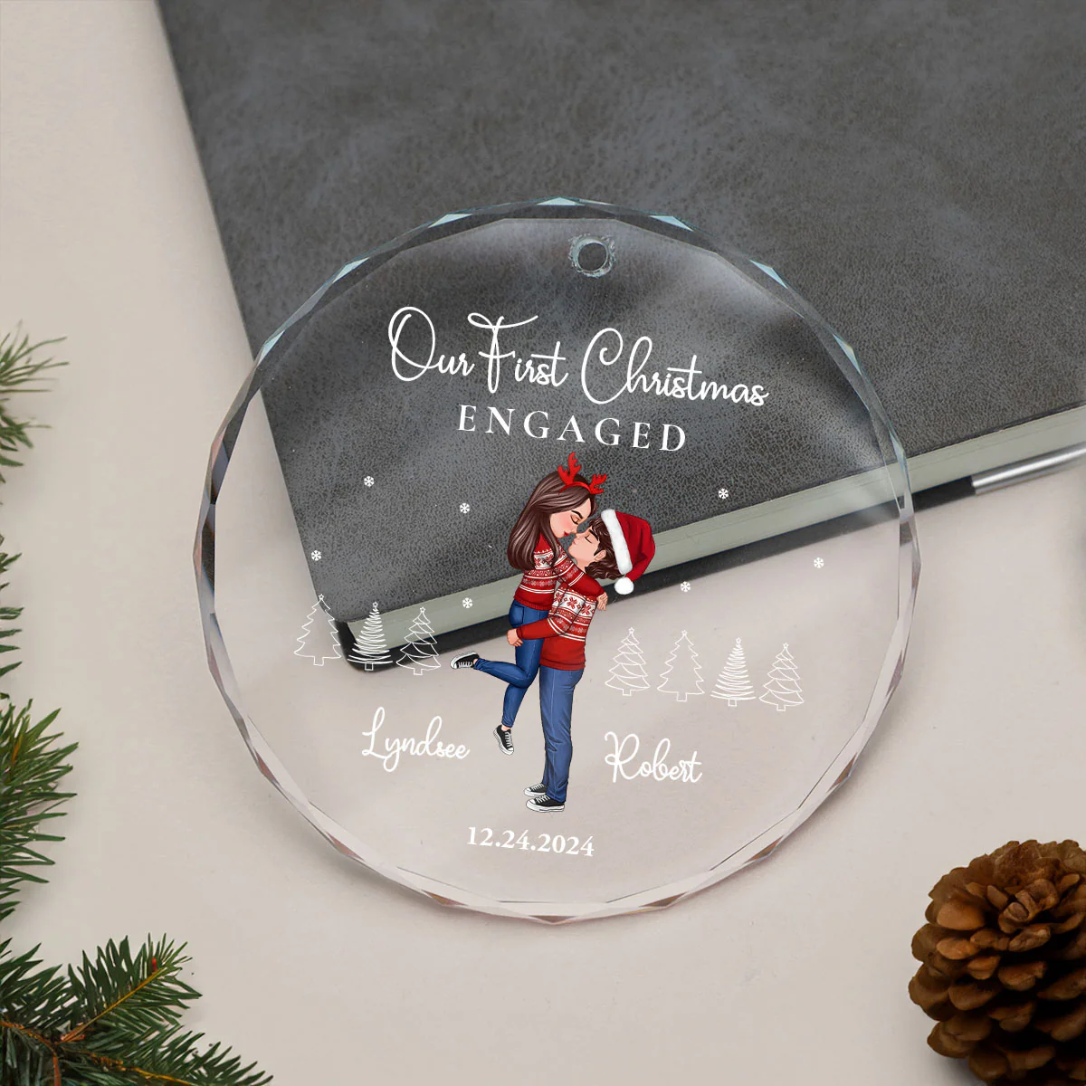 Our First Christmas Engaged Married, Newly Engaged Married Couple Personalized Glass Ornament - Image 7