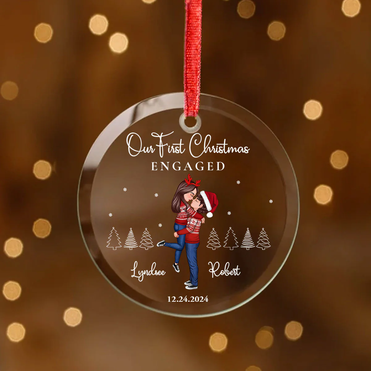 Our First Christmas Engaged Married, Newly Engaged Married Couple Personalized Glass Ornament - Image 2