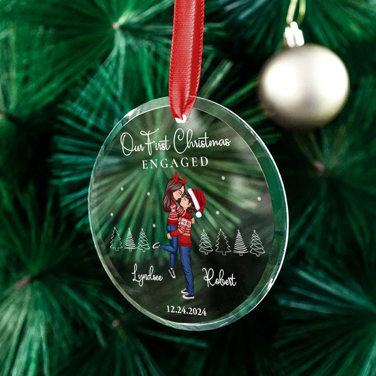 Our First Christmas Engaged Married, Newly Engaged Married Couple Personalized Glass Ornament - Image 4