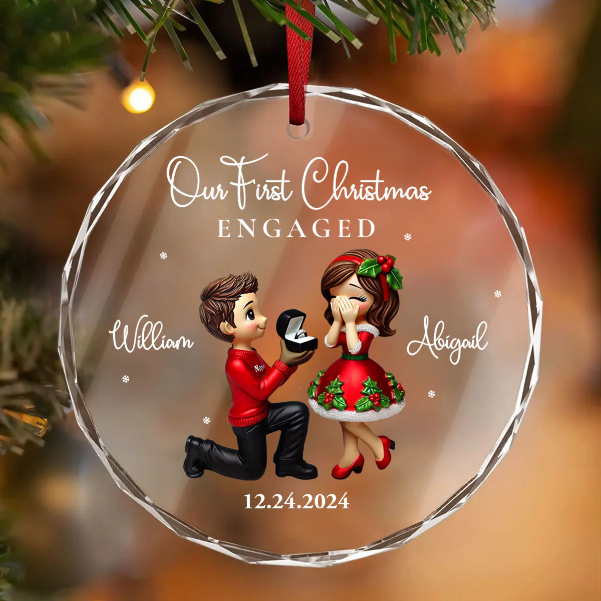 Our First Christmas Engaged Married, Newly Engaged Married Couple Personalized Glass Ornament, Gift for him, gift for her - Image 2
