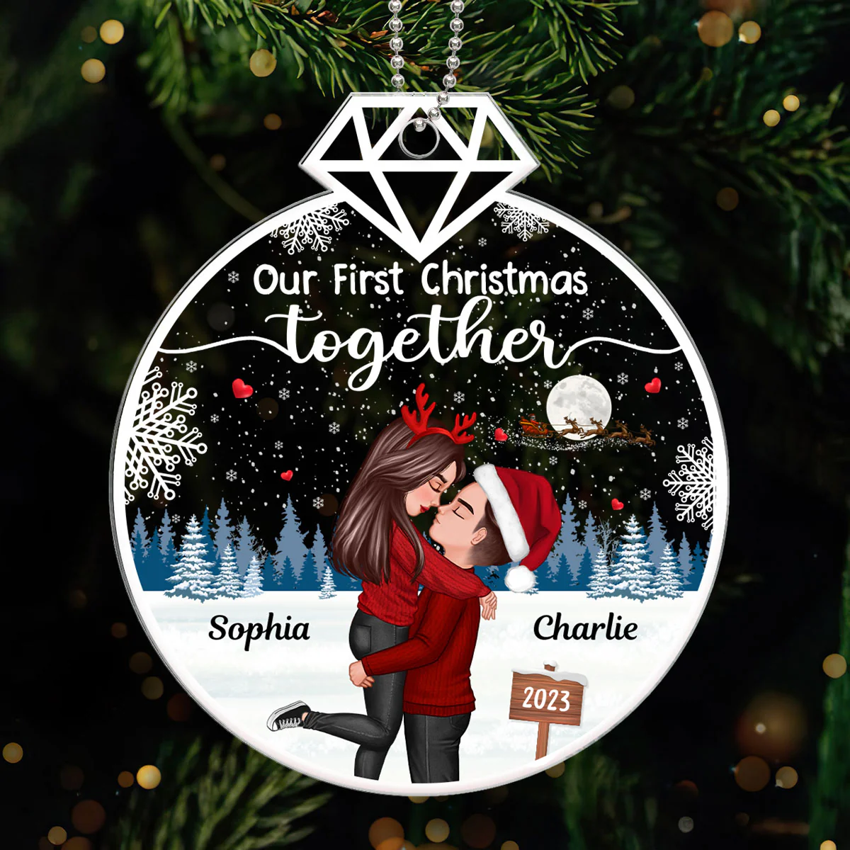 Our First Christmas Ring Shape Doll Couple Hugging Kissing Personalized Acrylic Ornament