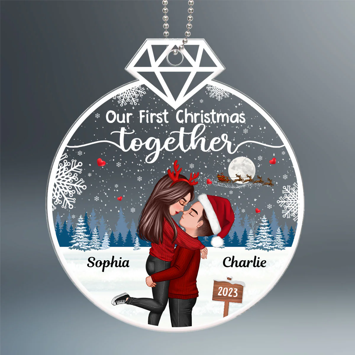 Our First Christmas Ring Shape Doll Couple Hugging Kissing Personalized Acrylic Ornament - Image 2