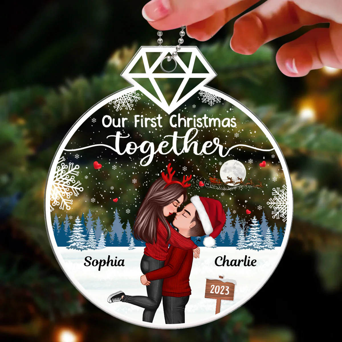 Our First Christmas Ring Shape Doll Couple Hugging Kissing Personalized Acrylic Ornament - Image 3