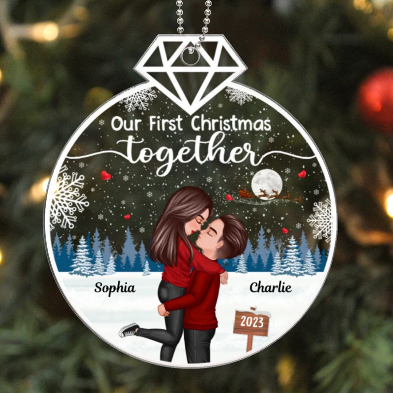 Our First Christmas Ring Shape Doll Couple Hugging Kissing Personalized Acrylic Ornament - Image 5