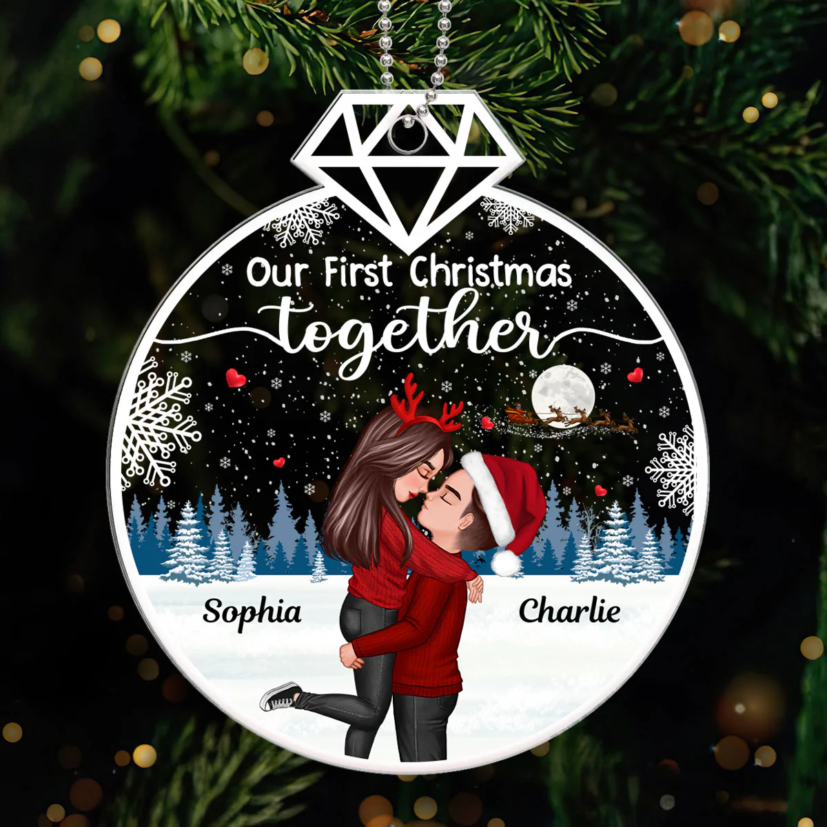 Our First Christmas Ring Shape Doll Couple Hugging Kissing Personalized Acrylic Ornament