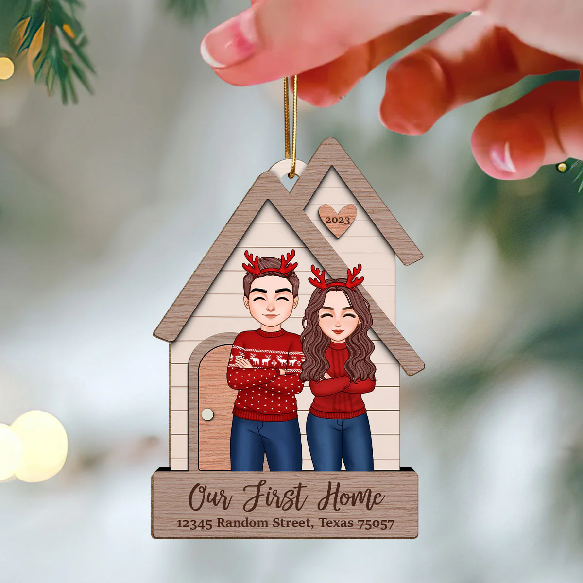 Our First Home Christmas Cool Couple Housewarming Gift Personalized Wooden Ornament - Image 3