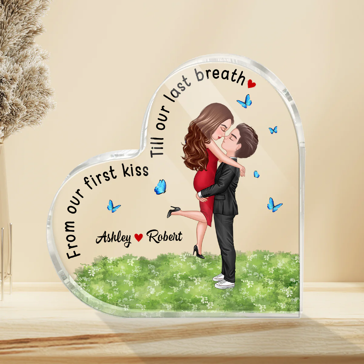 Our First Kiss Hugging Couple Personalized Acrylic Heart Plaque