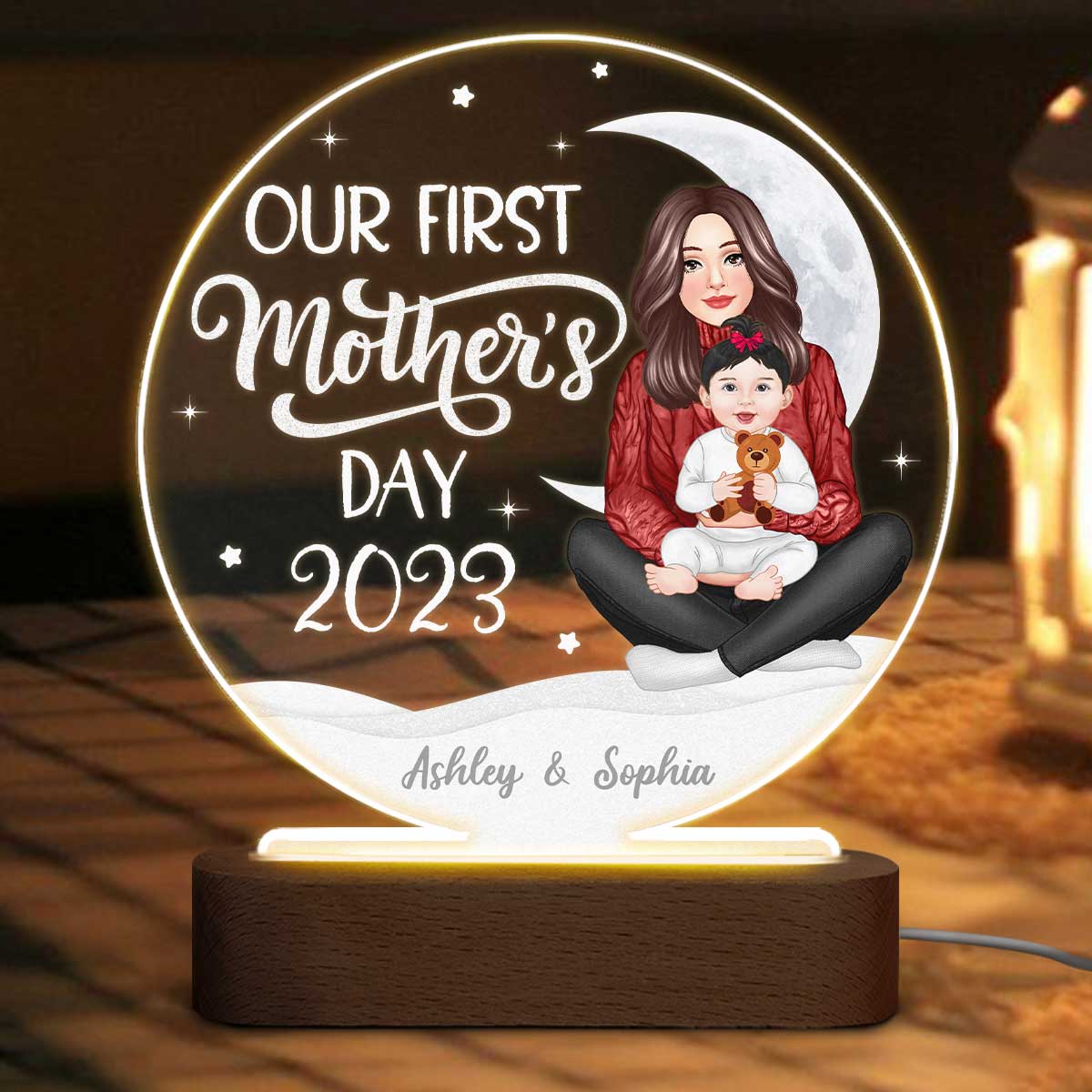 Our First Mother‘s Day Newborn Personalized Circle LED Night Light Acrylic LED Lamp - Image 3