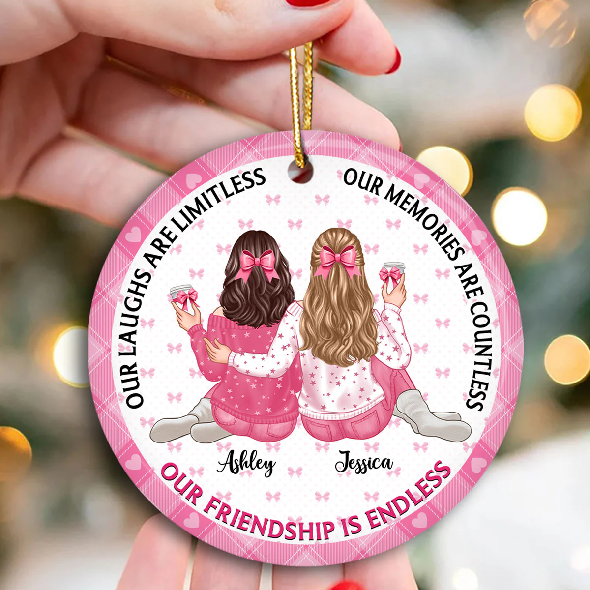 Our Friendship Is Endless Besties Back View Coquette Theme Personalized Ceramic Ornament - Image 3