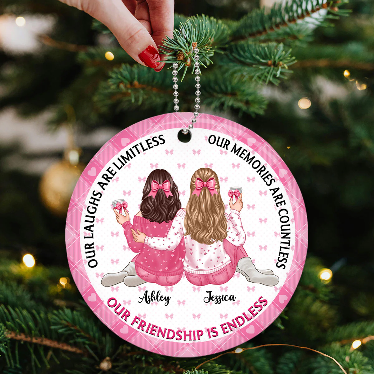 Our Friendship Is Endless Besties Back View Coquette Theme Personalized Ceramic Ornament - Image 4
