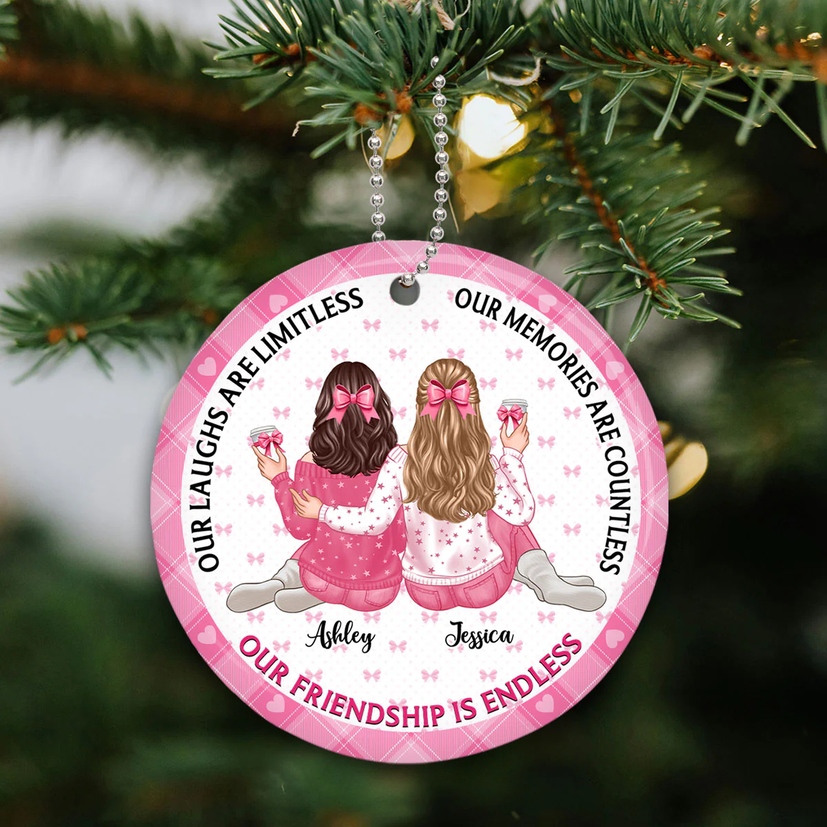 Our Friendship Is Endless Besties Back View Coquette Theme Personalized Ceramic Ornament - Image 5