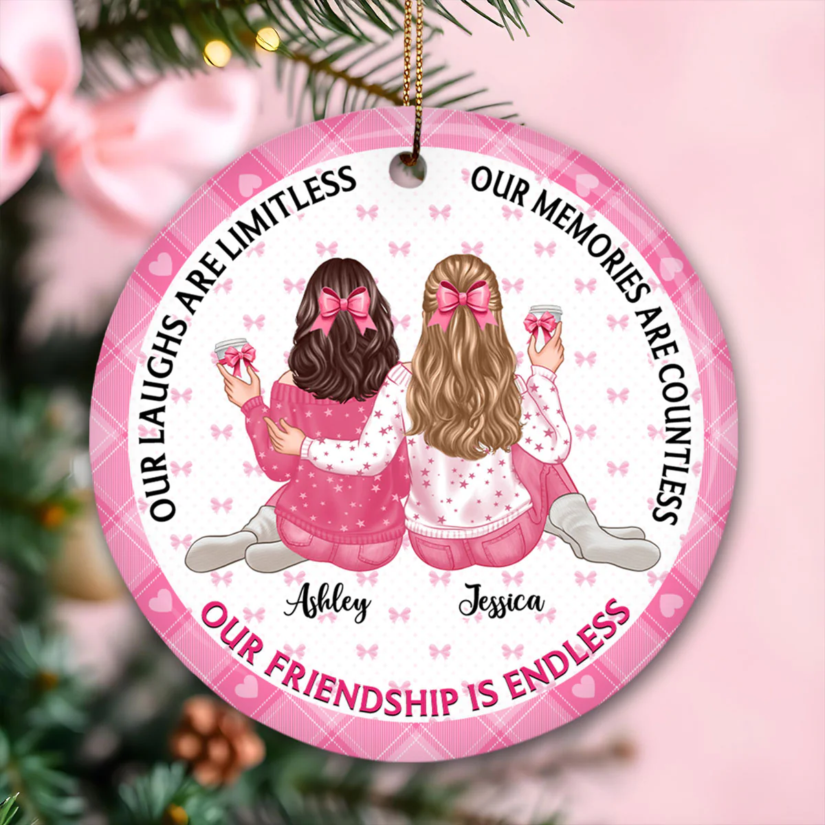 Our Friendship Is Endless Besties Back View Coquette Theme Personalized Ceramic Ornament - Image 6