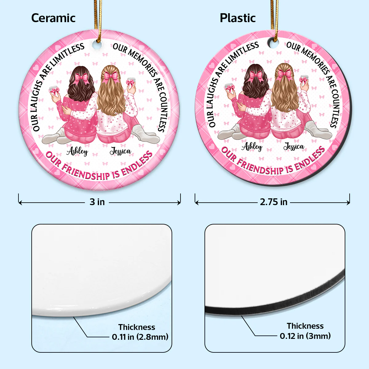 Our Friendship Is Endless Besties Back View Coquette Theme Personalized Ceramic Ornament - Image 7