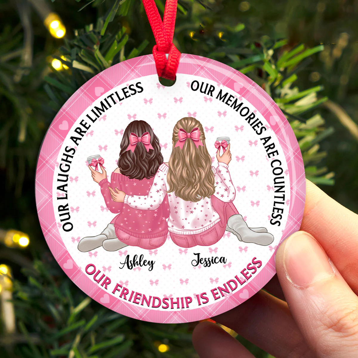 Our Friendship Is Endless Besties Back View Coquette Theme Personalized Ceramic Ornament - Image 8