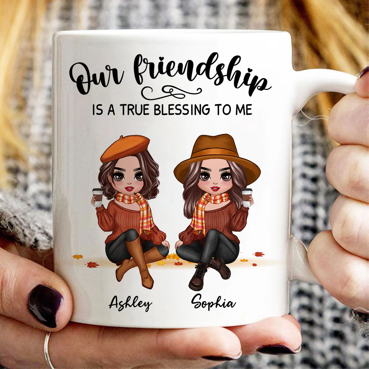 Our Friendship Is True Blessing Fall Season Pretty Besties Sisters Sitting Personalized Mug - Image 3
