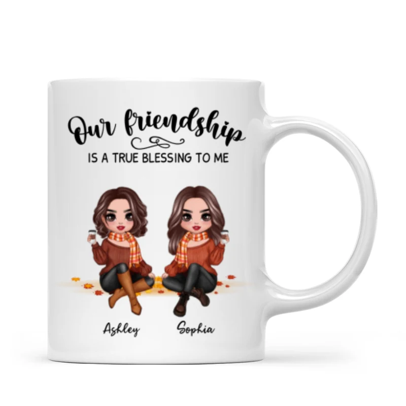 Our Friendship Is True Blessing Fall Season Pretty Besties Sisters Sitting Personalized Mug - Image 4