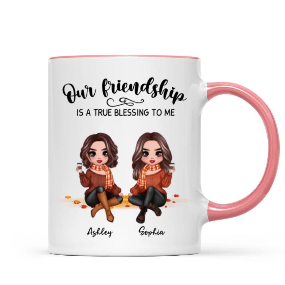 Our Friendship Is True Blessing Fall Season Pretty Besties Sisters Sitting Personalized Mug - Image 9