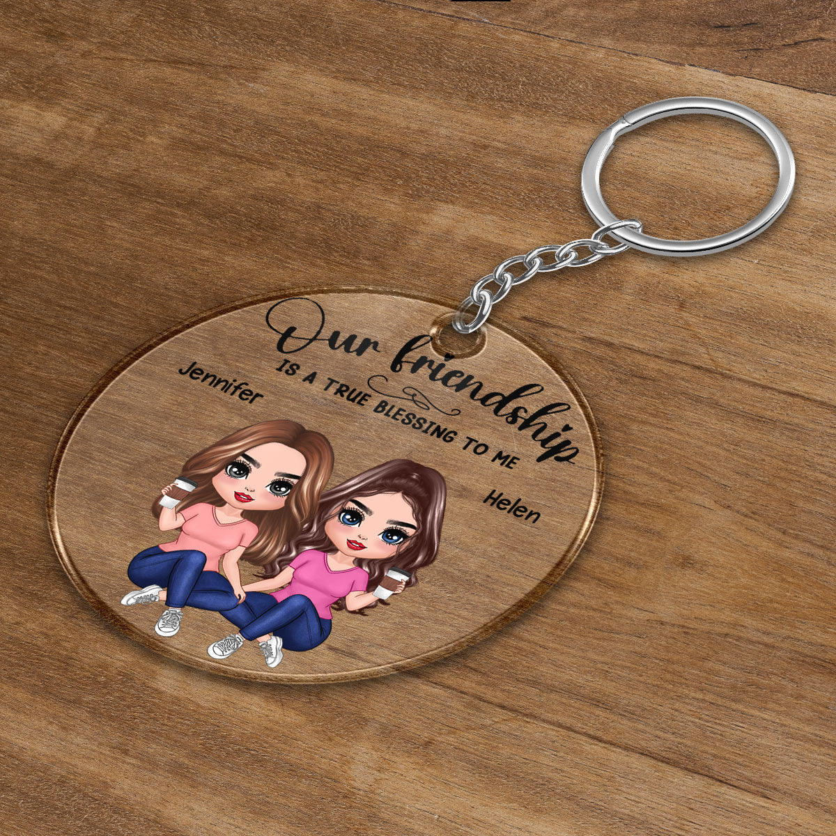 Our Friendship Is True Blessing Pretty Besties Sisters Sitting Personalized Acrylic Keychain - Image 3