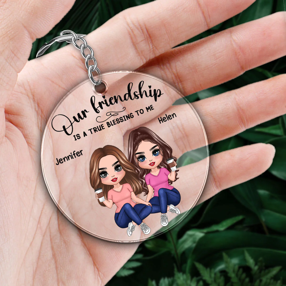 Our Friendship Is True Blessing Pretty Besties Sisters Sitting Personalized Acrylic Keychain - Image 5