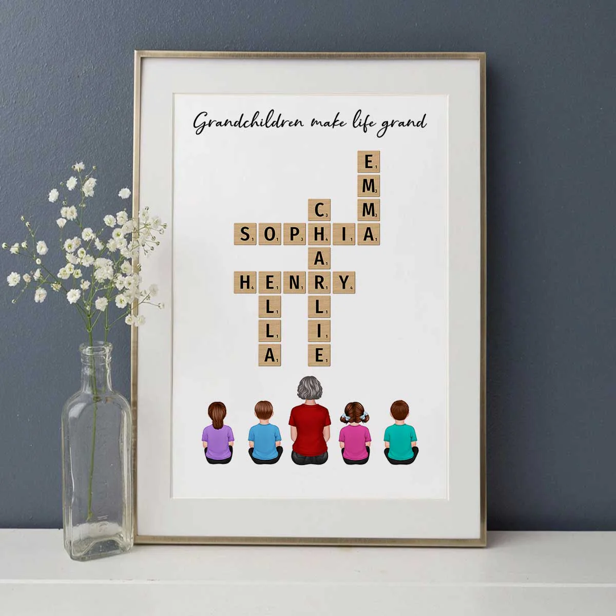 Our Grandchildren Names In Crossword Unique Gift For Grandma Grandpa Grandparents Back View Sitting Personalized Poster - Image 14