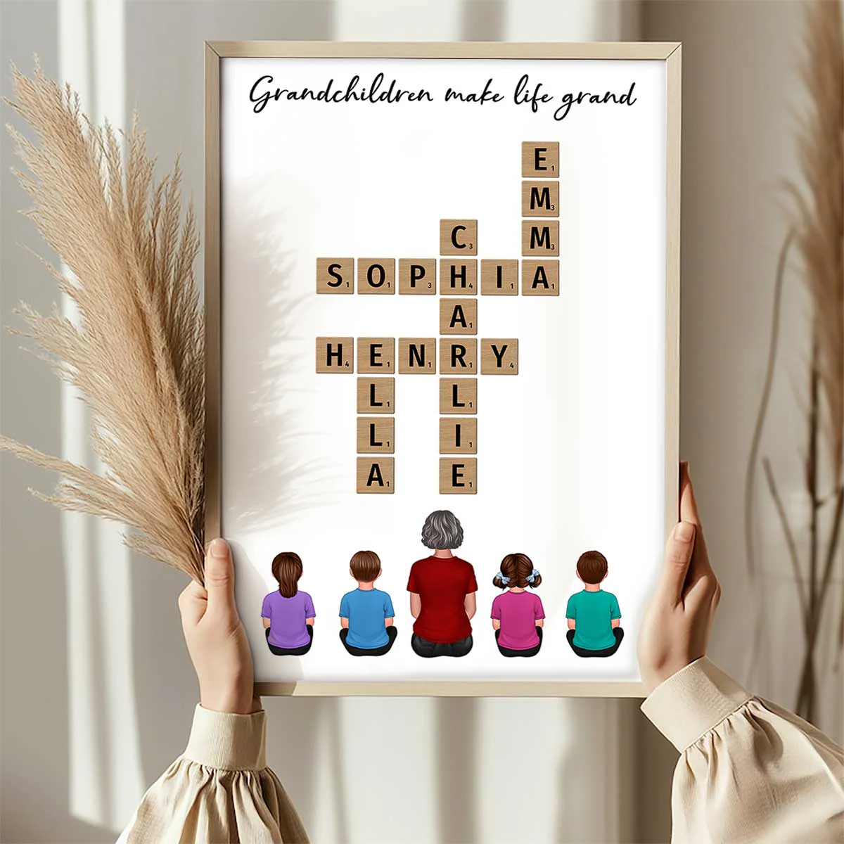Our Grandchildren Names In Crossword Unique Gift For Grandma Grandpa Grandparents Back View Sitting Personalized Poster - Image 2