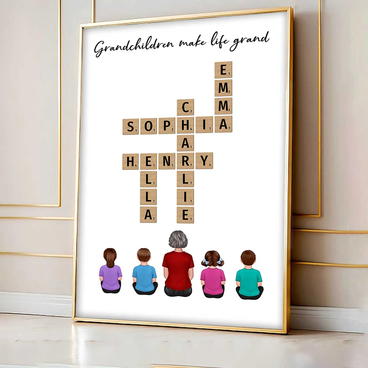 Our Grandchildren Names In Crossword Unique Gift For Grandma Grandpa Grandparents Back View Sitting Personalized Poster - Image 4