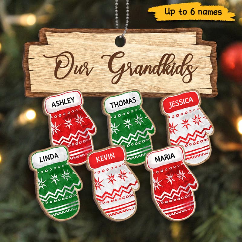 Our Grandkids Christmas Gloves Personalized Wooden Ornament - Image 2