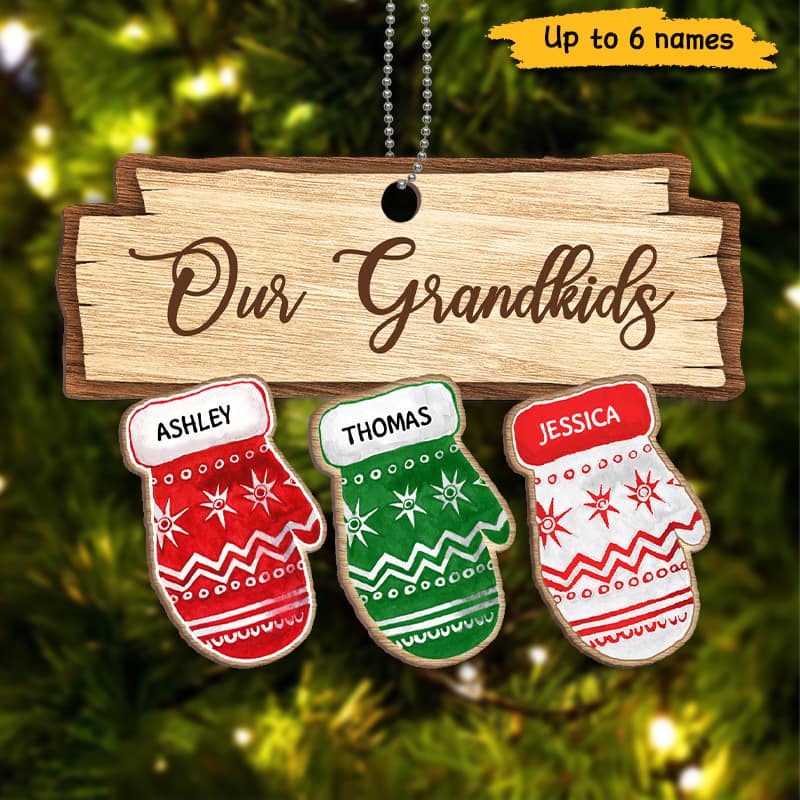 Our Grandkids Christmas Gloves Personalized Wooden Ornament - Image 3