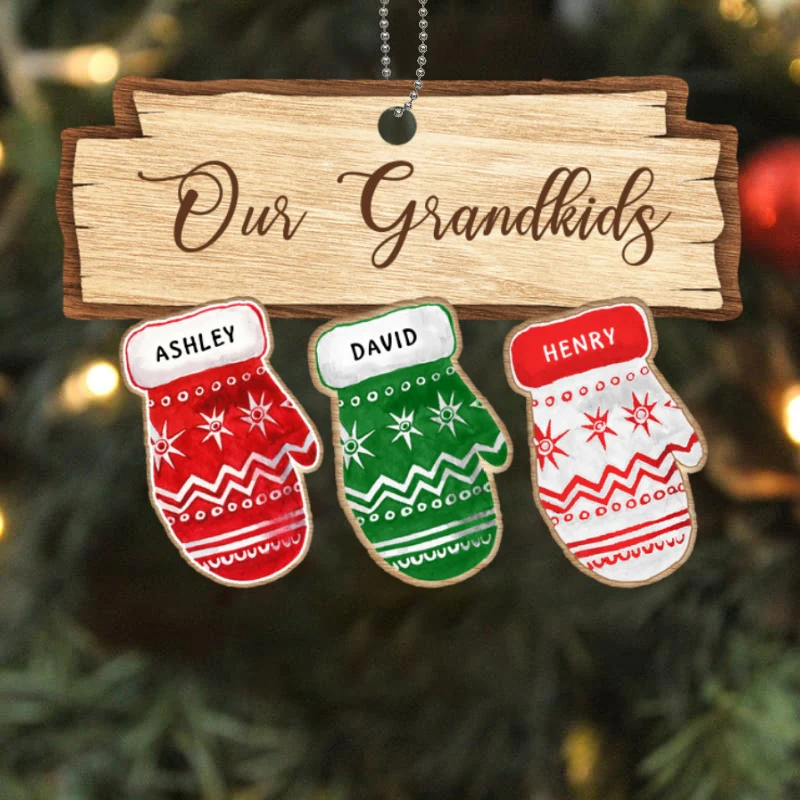 Our Grandkids Christmas Gloves Personalized Wooden Ornament - Image 4