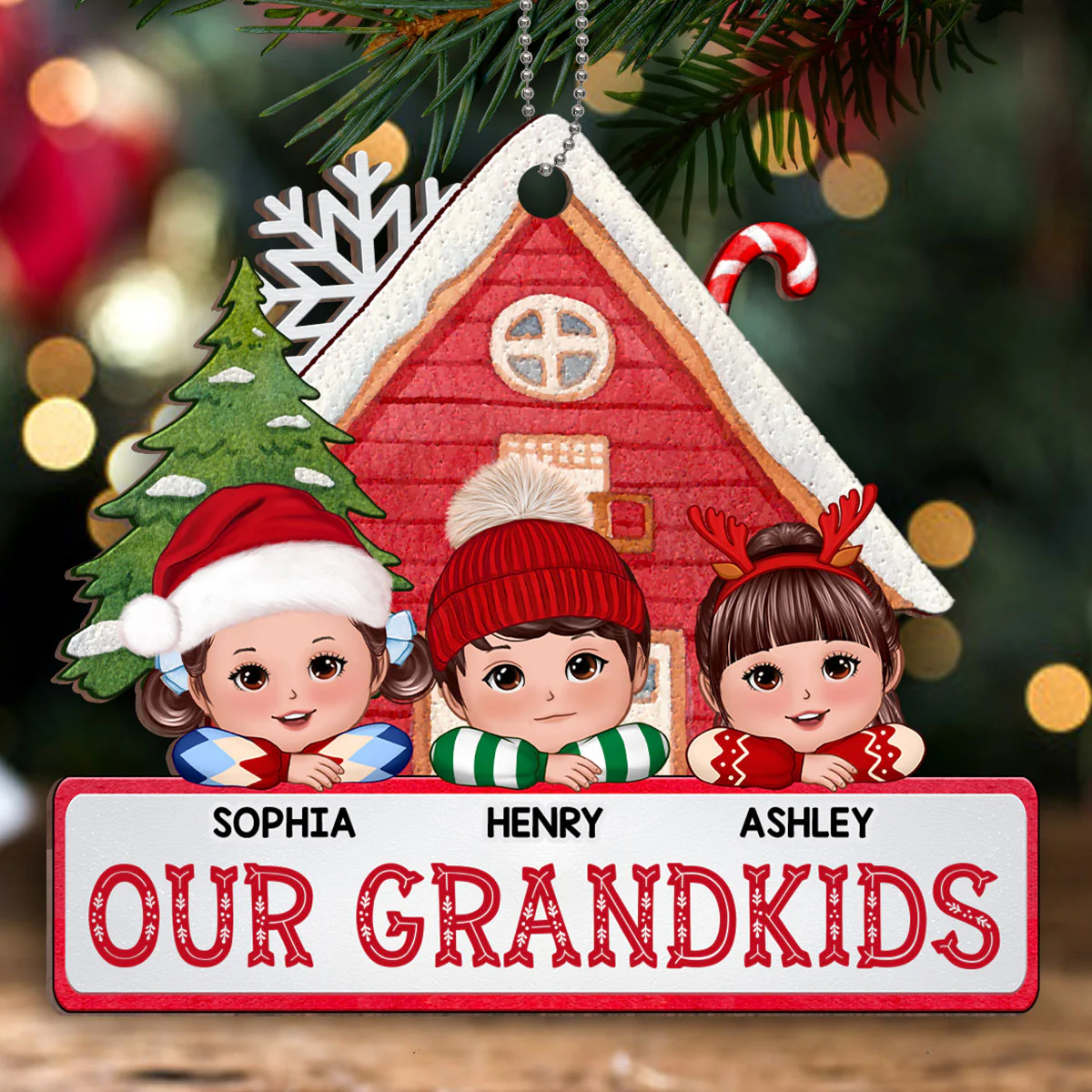Our Grandkids Cute Kids Laying Head On Hands Personalized Wooden Ornament - Image 2