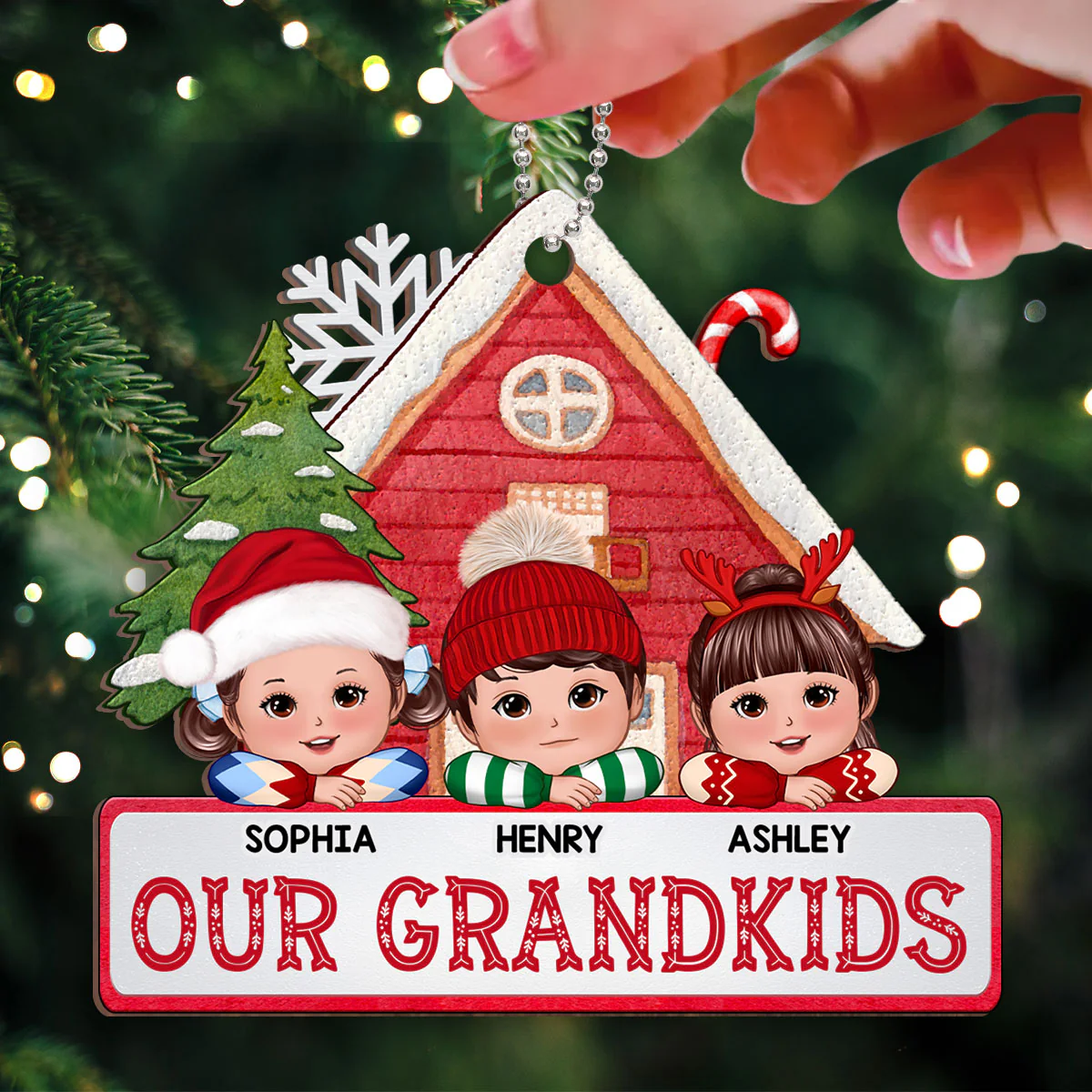 Our Grandkids Cute Kids Laying Head On Hands Personalized Wooden Ornament - Image 3