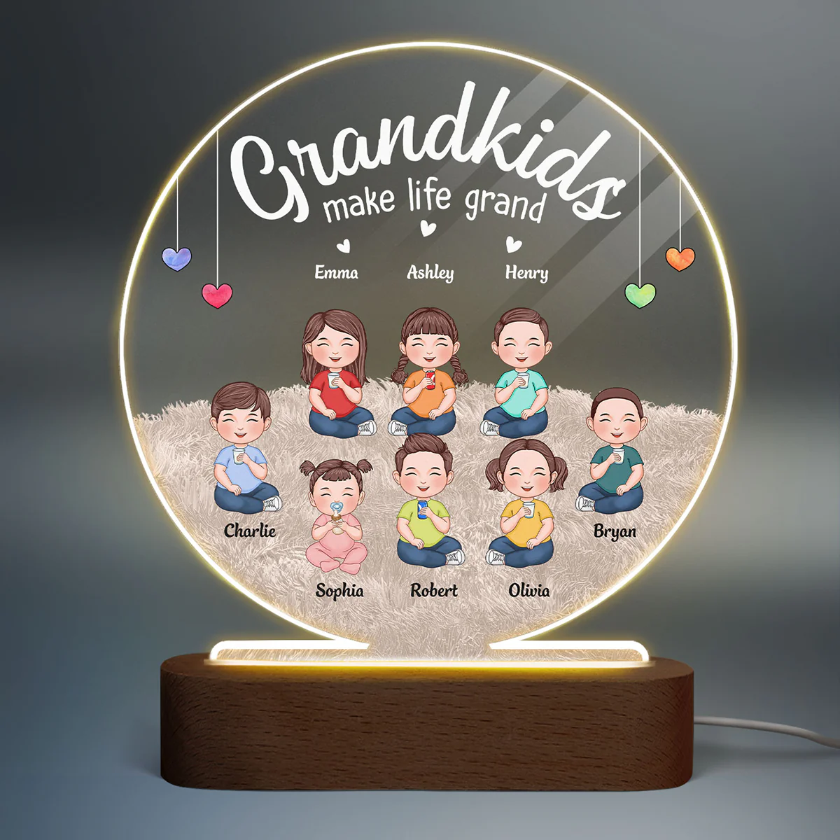 Our Grandkids Cute Sitting Kids Personalized Circle Acrylic Plaque With LED Night Light - Image 2