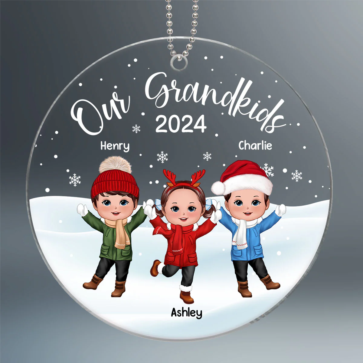 Our Grandkids Happy Doll Kids In Snow Personalized Acrylic Ornament - Image 2