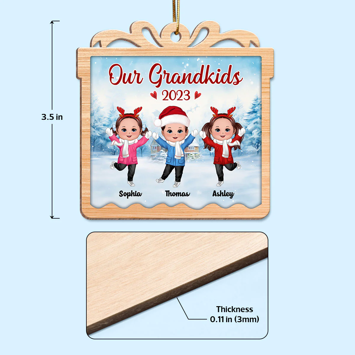 Our Grandkids Happy Kids In Snow Personalized Gift Box Shaped Wooden Ornament - Image 3