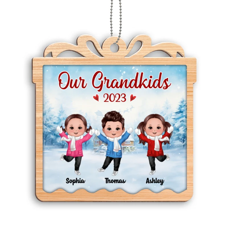 Our Grandkids Happy Kids In Snow Personalized Gift Box Shaped Wooden Ornament - Image 4