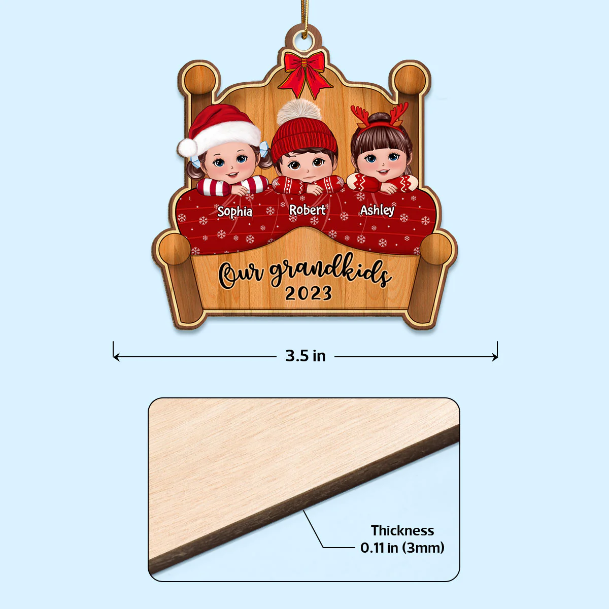 Our Grandkids Joyful Xmas In Bed - Personalized Custom Wooden Ornament - Image 3