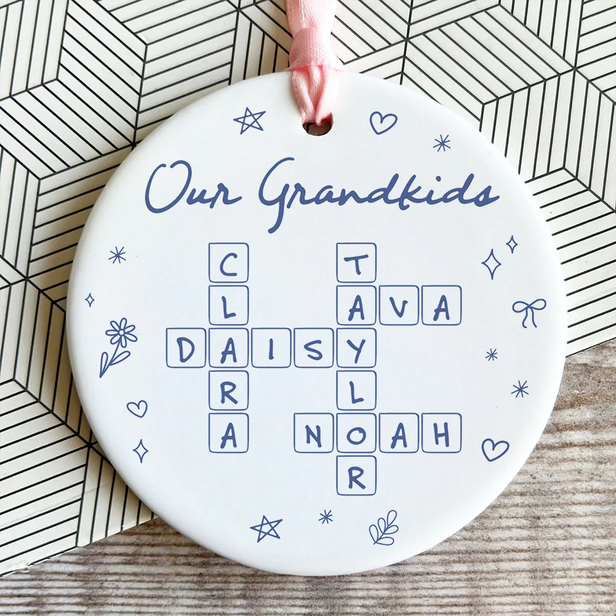 Our Grandkids Line Art Doodle Things Crossword Puzzle Art Gift For Grandma Personalized Ceramic Ornament - Image 9
