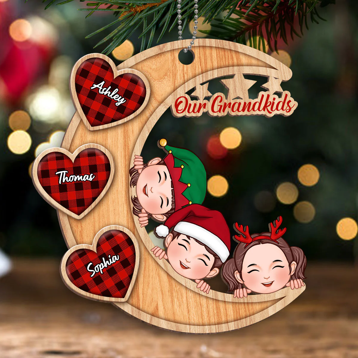 Our Grandkids Peeking On Moon Personalized Wooden Ornament - Image 2