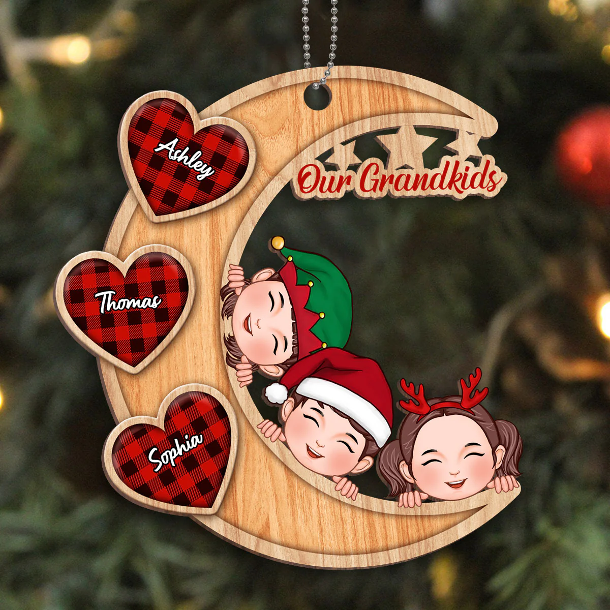Our Grandkids Peeking On Moon Personalized Wooden Ornament - Image 3