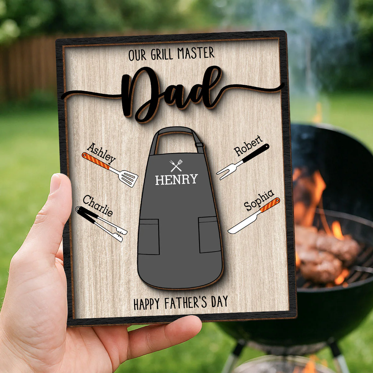Our Grill Master Apron And Tools With Kids' Names Personalized 2-Layer Wooden Plaque, Gift For Husband, For Dad, For Grandpa